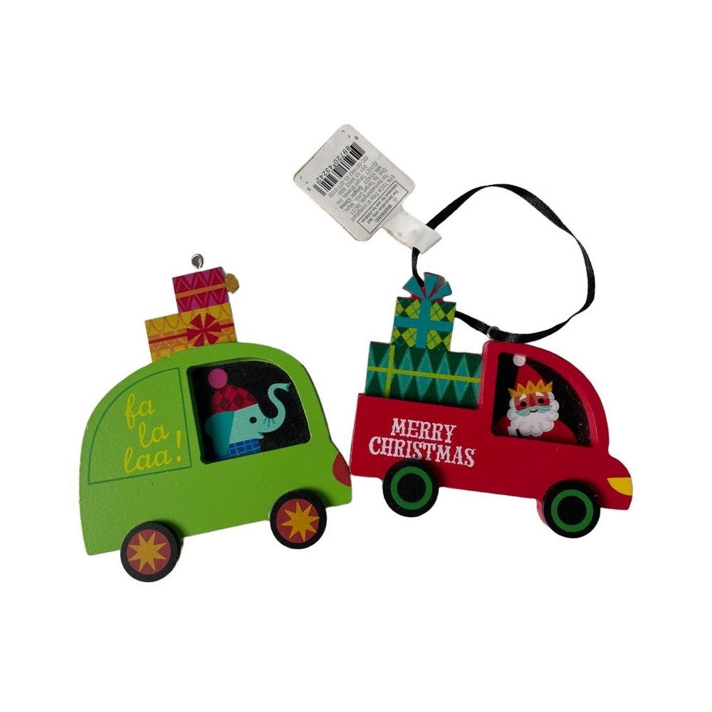 2 Wooden Ornaments Truck/Car Santa Claus/Elephant